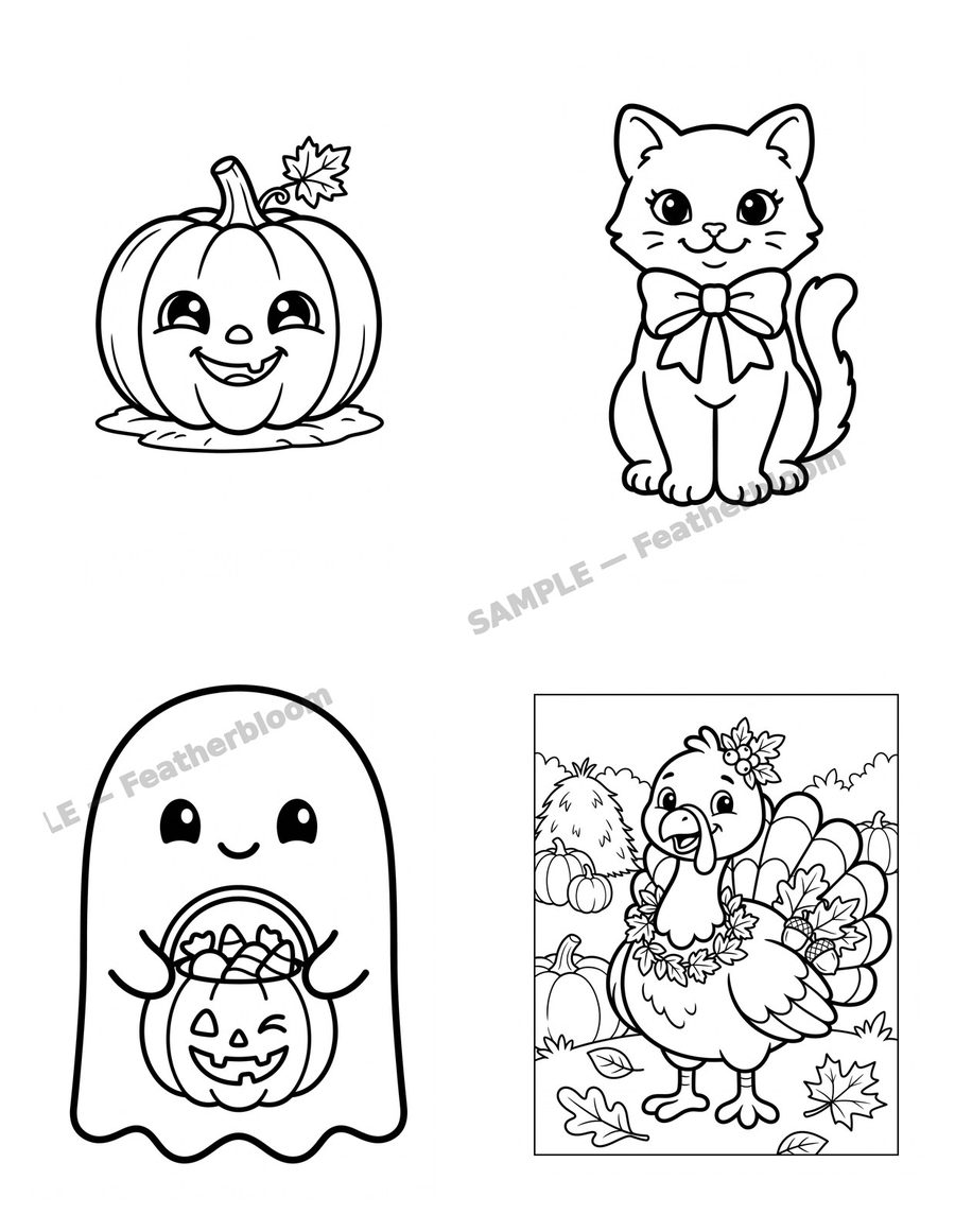 Sample preview of Autumn and Halloween kids coloring pages from Featherbloom Press