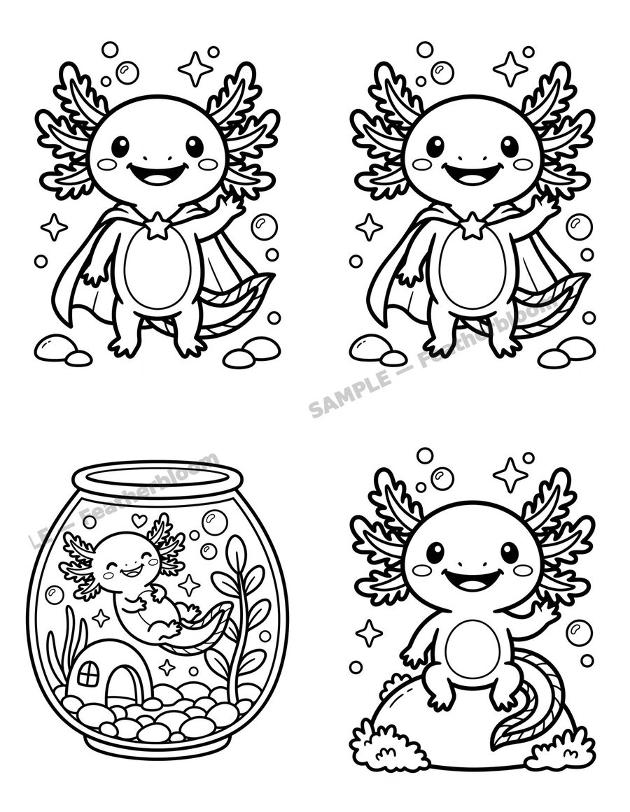 Preview of Cute Axolotl Friends sample pack coloring pages